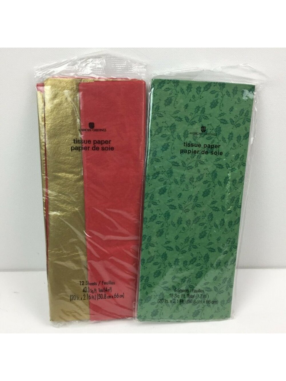 American Greetings Green Holly Red Gold Tissue Paper Present Gift Wrap Christmas
